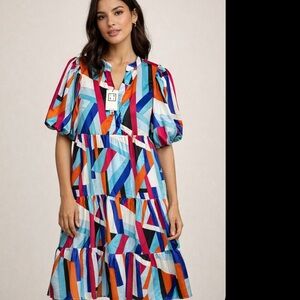 THML multicolored short puff sleeve long lined dress NWT size small